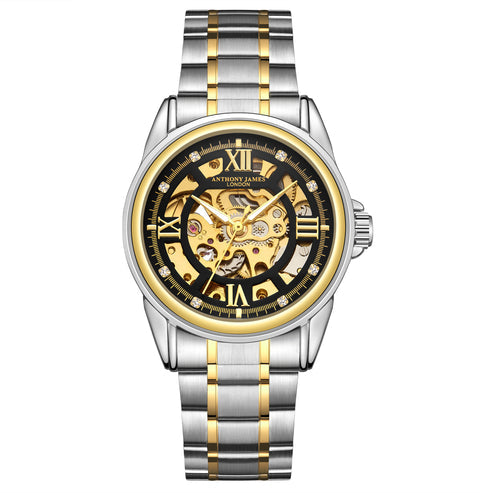 Montre squelette automatique bicolore or et acier Anthony James assemblée à la main pour homme