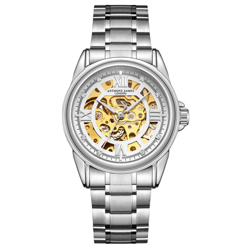 Hand Assembled Anthony James Skeleton Automatic Steel & White Mens Watch - SJR London Timepiece