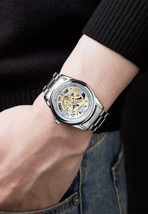 Montre squelette automatique Anthony James pour homme, en acier et blanc, assemblée à la main