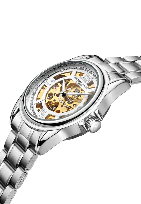 Montre squelette automatique Anthony James pour homme, en acier et blanc, assemblée à la main
