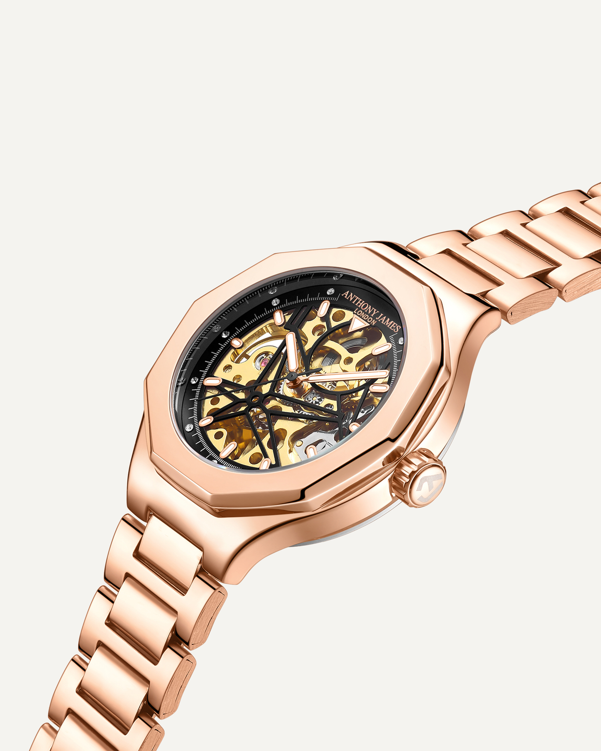 Montre squelette automatique Anthony James Sports assemblée à la main, couleur or rose