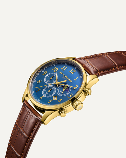 Hand Assembled Anthony James Limited Edition Moonphase Chronograph Gold Blue - SJR London Timepiece