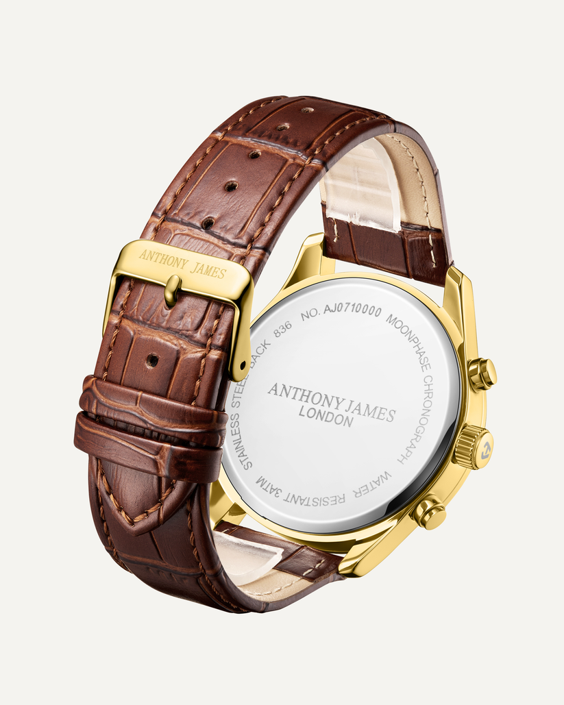 Hand Assembled Anthony James Limited Edition Moonphase Chronograph Gold Blue - SJR London Timepiece