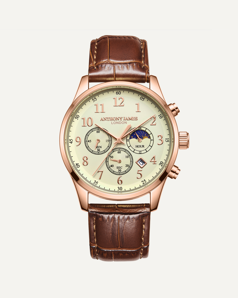 Hand Assembled Anthony James Limited Edition Moonphase Chronograph Rose White - SJR London Timepiece