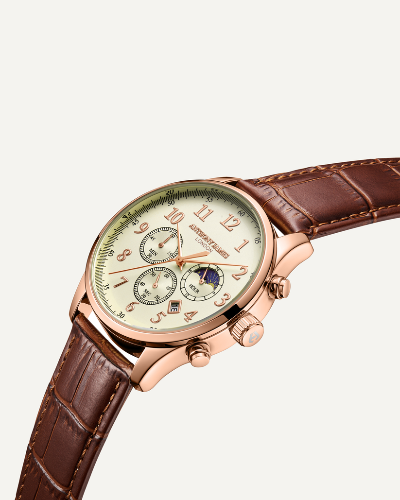 Hand Assembled Anthony James Limited Edition Moonphase Chronograph Rose White - SJR London Timepiece
