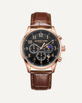 Montre chronographe Anthony James édition limitée phases de lune, assemblage à la main, couleur or rose et noir