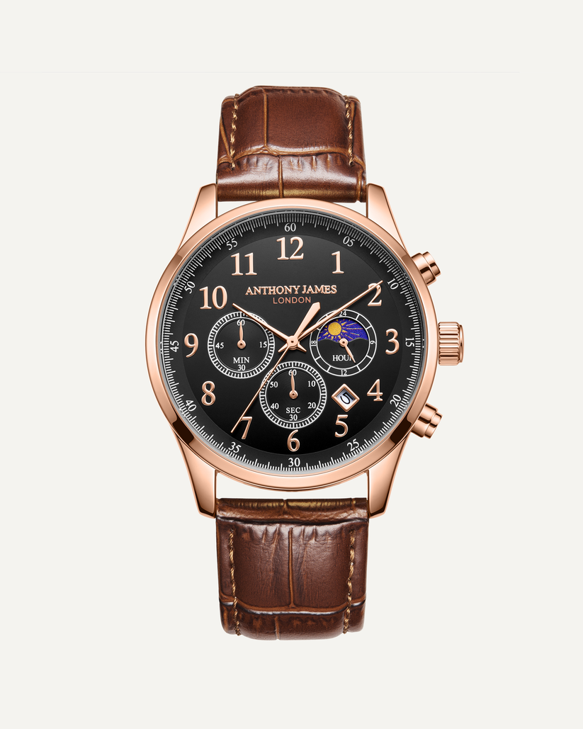 Hand Assembled Anthony James Limited Edition Moonphase Chronograph Rose Black - SJR London Timepiece