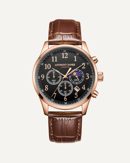 Hand Assembled Anthony James Limited Edition Moonphase Chronograph Rose Black - SJR London Timepiece