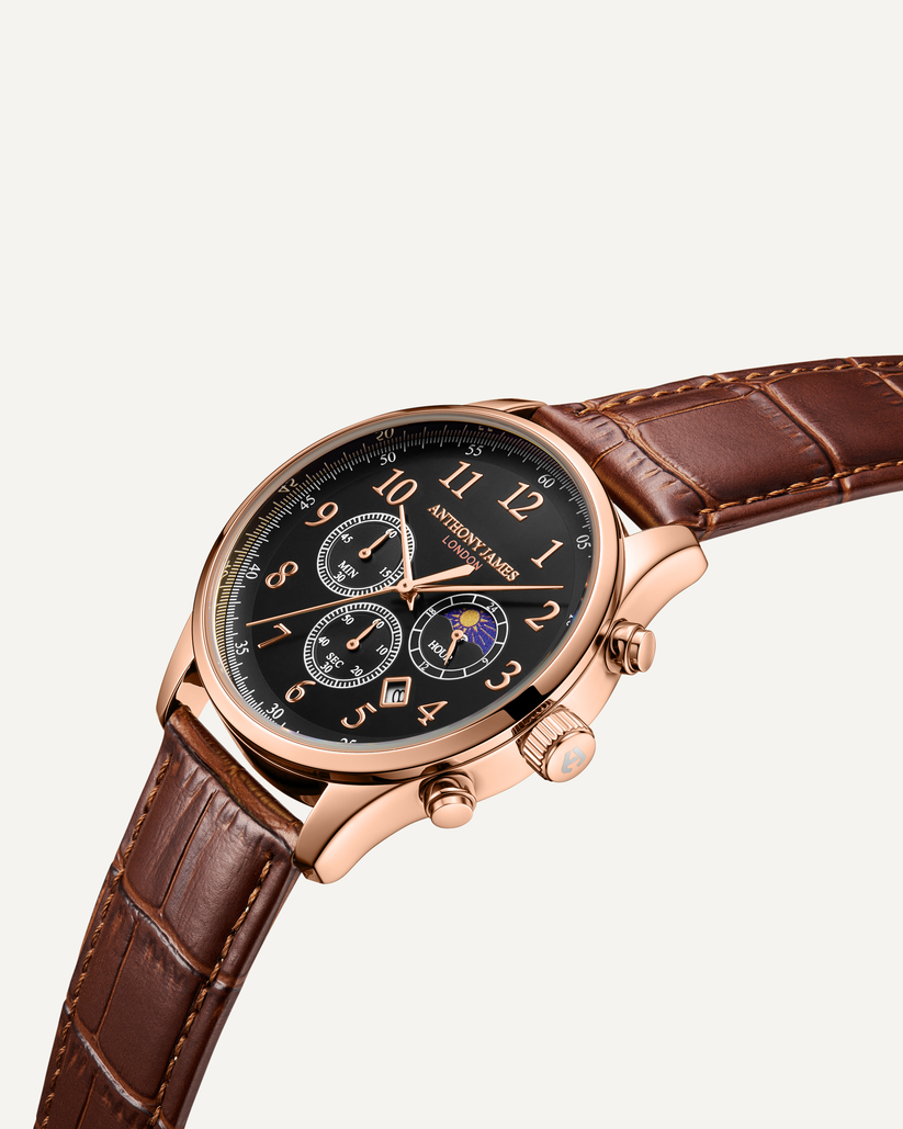Hand Assembled Anthony James Limited Edition Moonphase Chronograph Rose Black - SJR London Timepiece