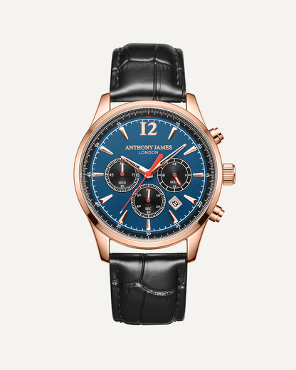Hand Assembled Anthony James Limited Edition Classic Chronograph Rose Blue - SJR London Timepiece
