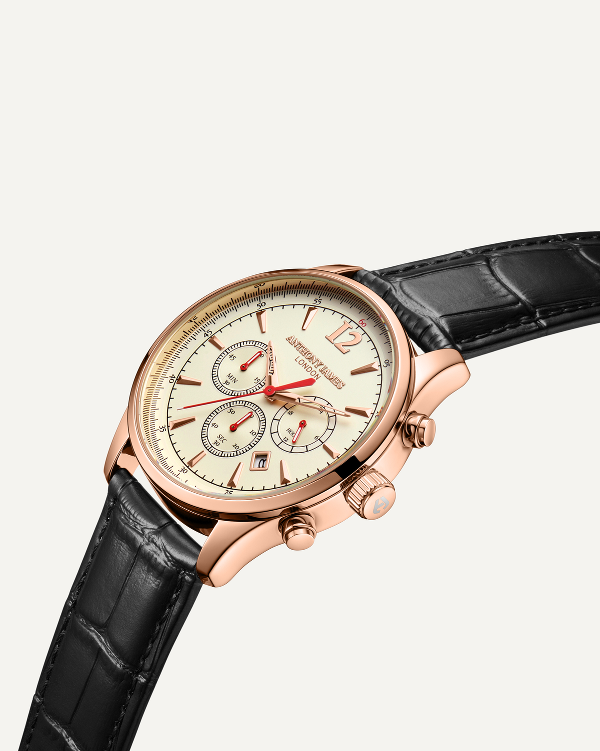 Chronographe classique Anthony James en édition limitée, assemblage à la main, blanc rosé
