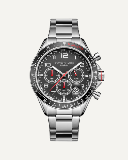 Hand Assembled Anthony James Limited Edition Tachymeter Chrono Steel Black - SJR London Timepiece