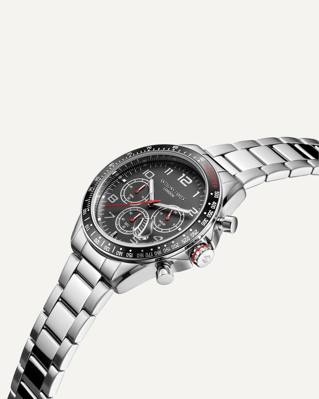 Montre Chronographe Tachymètre Anthony James Édition Limitée Acier Noir Assemblée à la Main