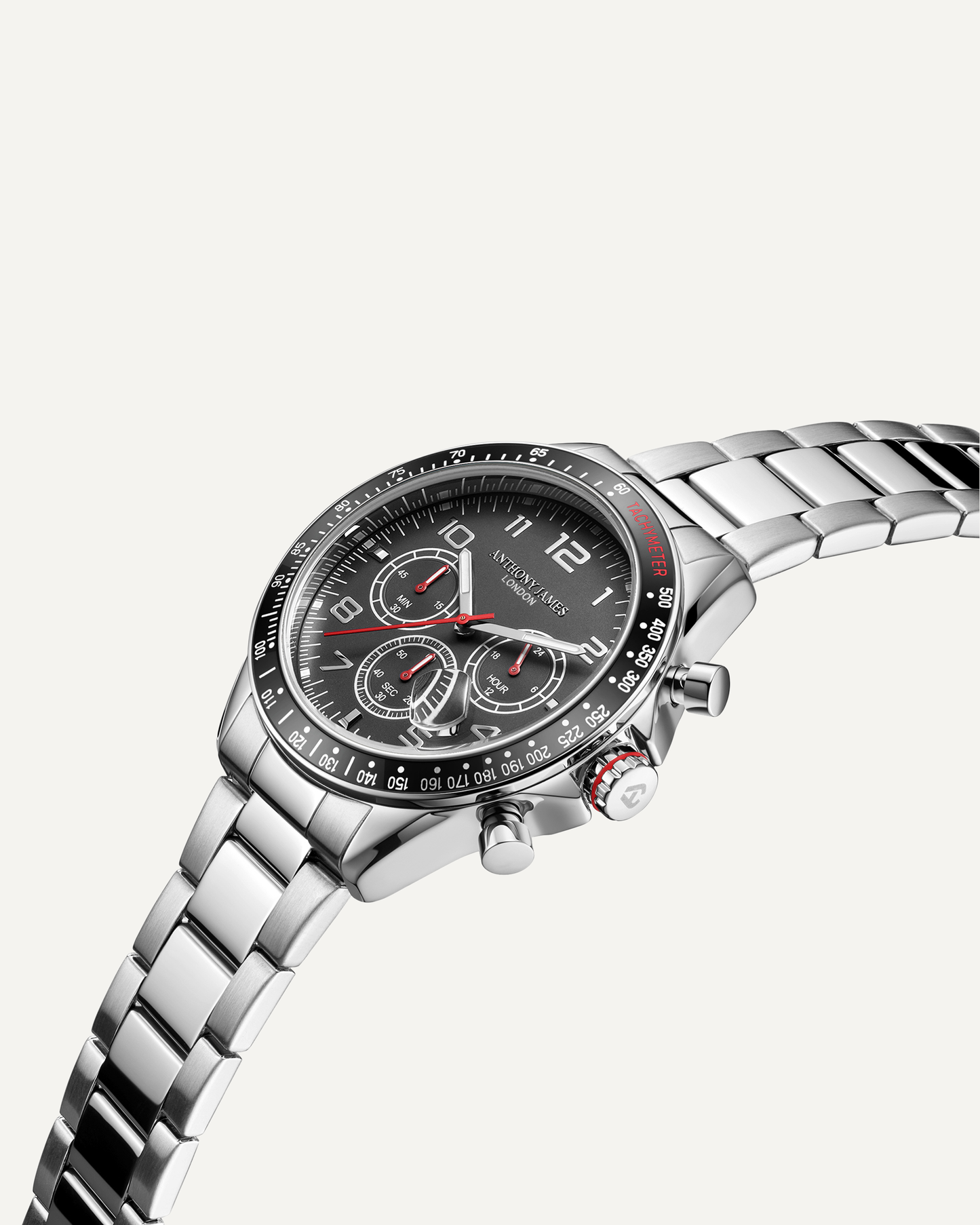 Hand Assembled Anthony James Limited Edition Tachymeter Chrono Steel Black - SJR London Timepiece