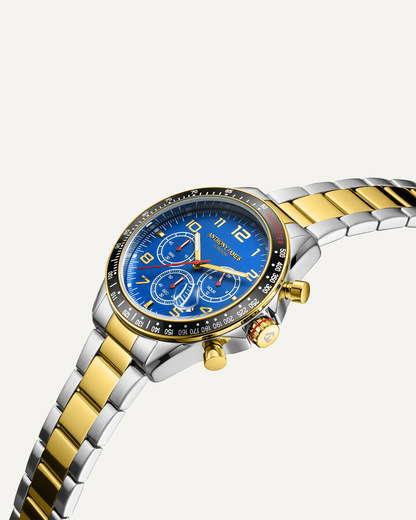 Hand Assembled Anthony James Limited Edition Tachymeter Chrono Two Tone Blue - SJR London Timepiece