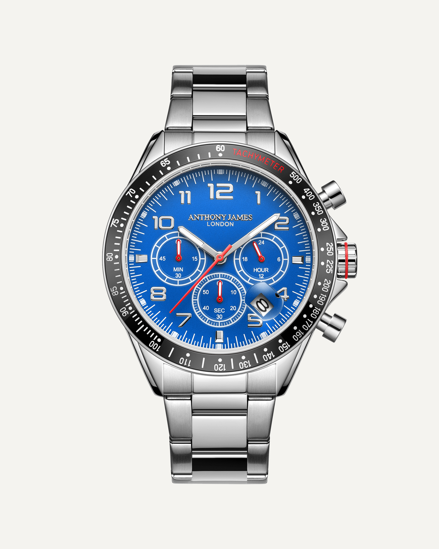 Hand Assembled Anthony James Limited Edition Tachymeter Chrono Steel Blue - SJR London Timepiece