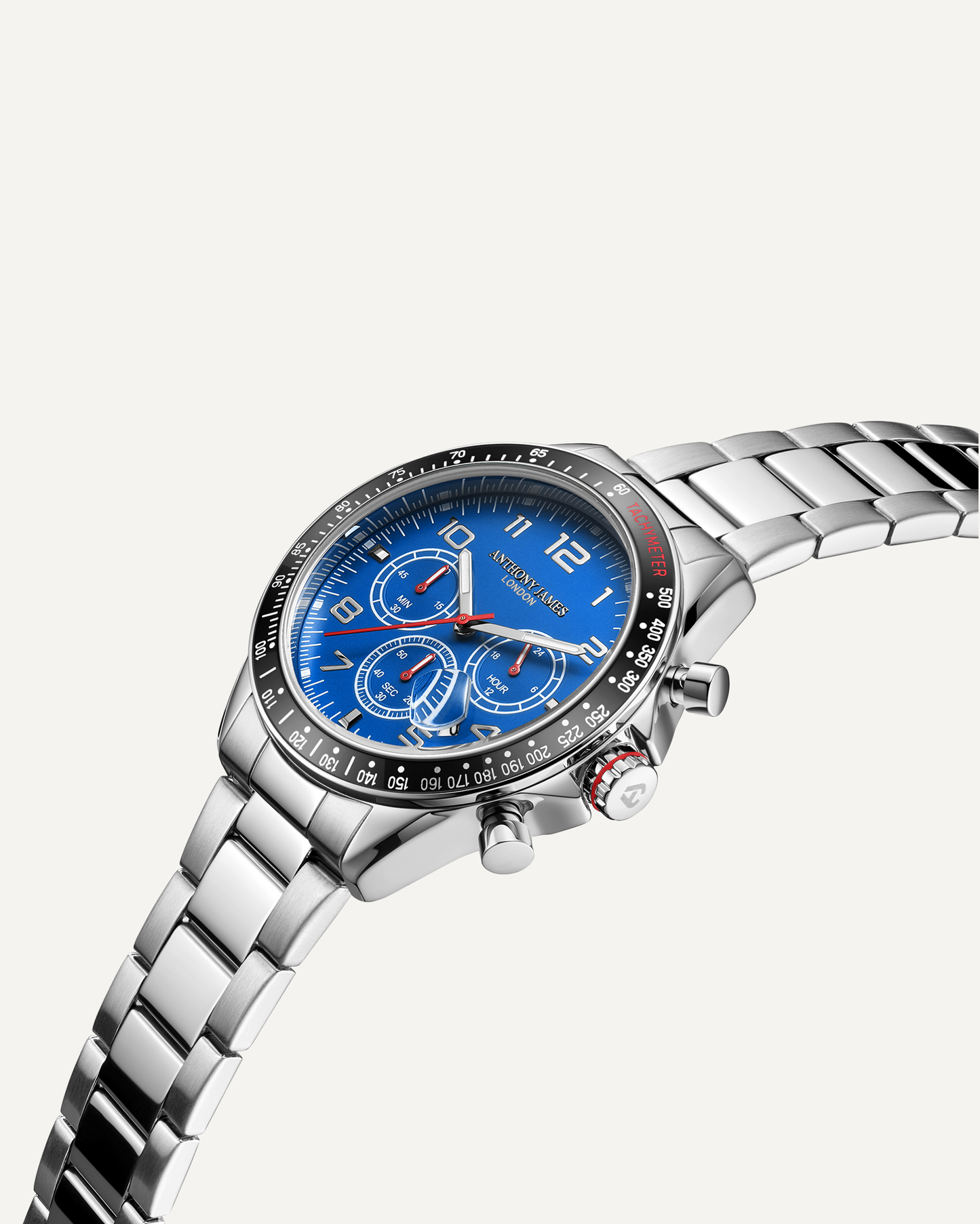 Hand Assembled Anthony James Limited Edition Tachymeter Chrono Steel Blue - SJR London Timepiece