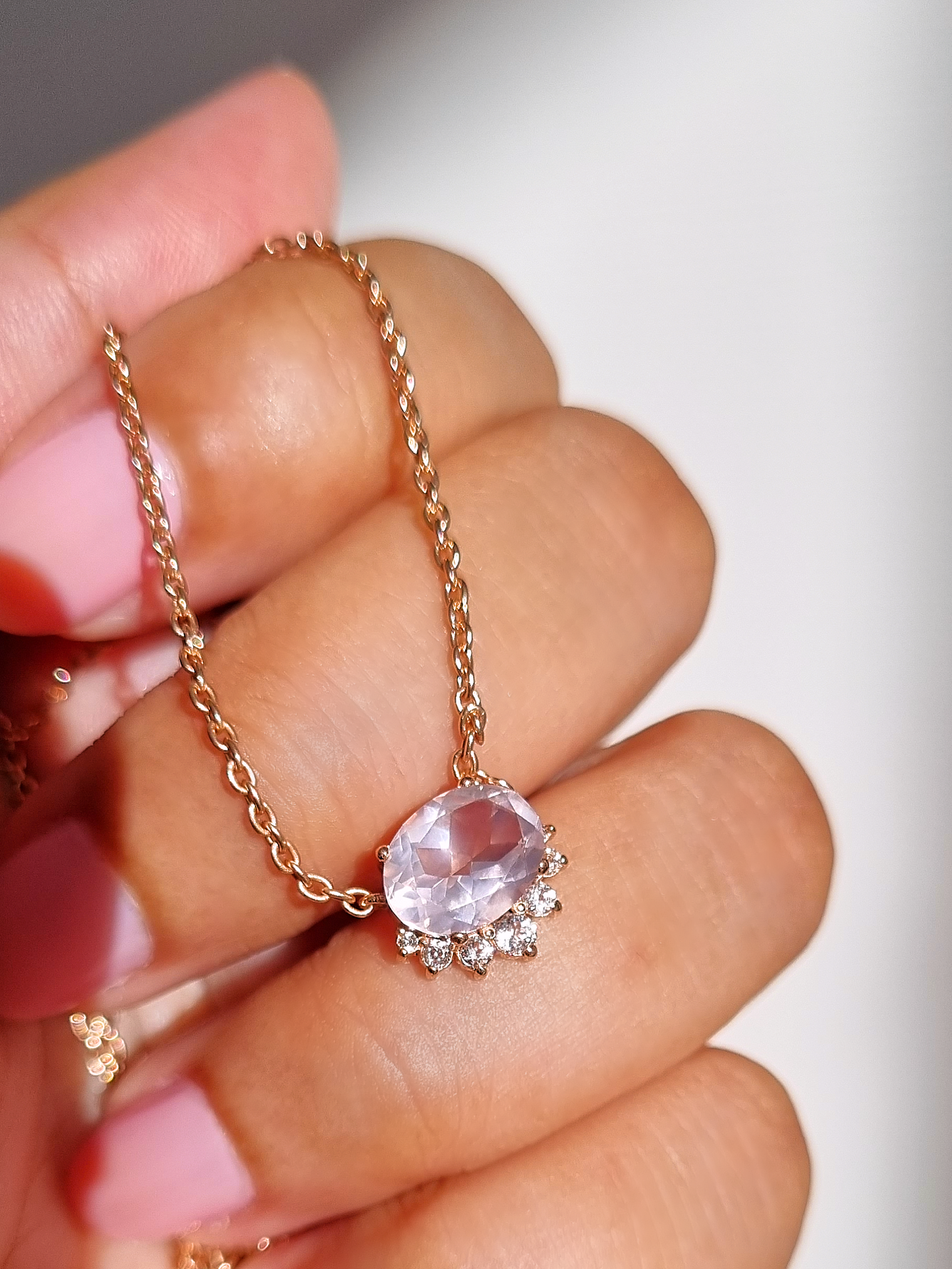 Aria Rose Quartz Necklace in 18k Rose Gold Vermeil - SJR London Timepiece