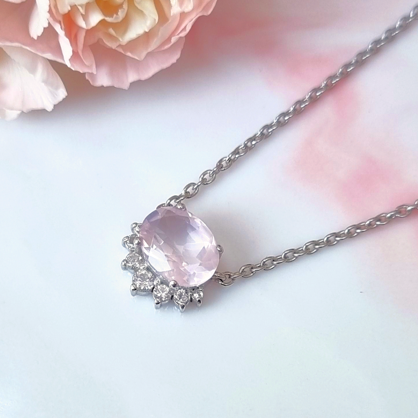 Aria Rose Quartz Necklace in Sterling Silver - SJR London Timepiece