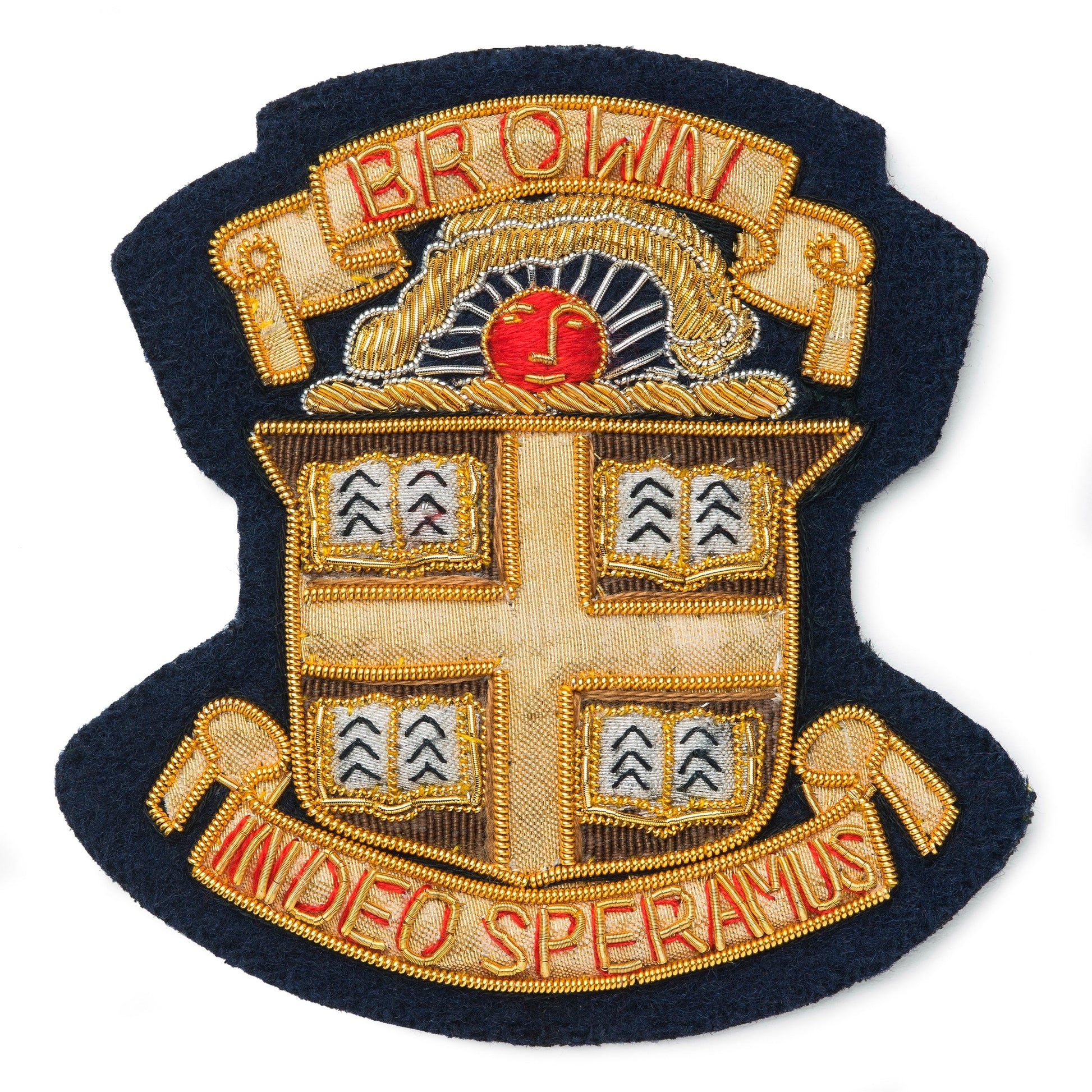 Brown University blazer badge in gold and black with university emblem, mounted on a dark blue background by Benson & Clegg.