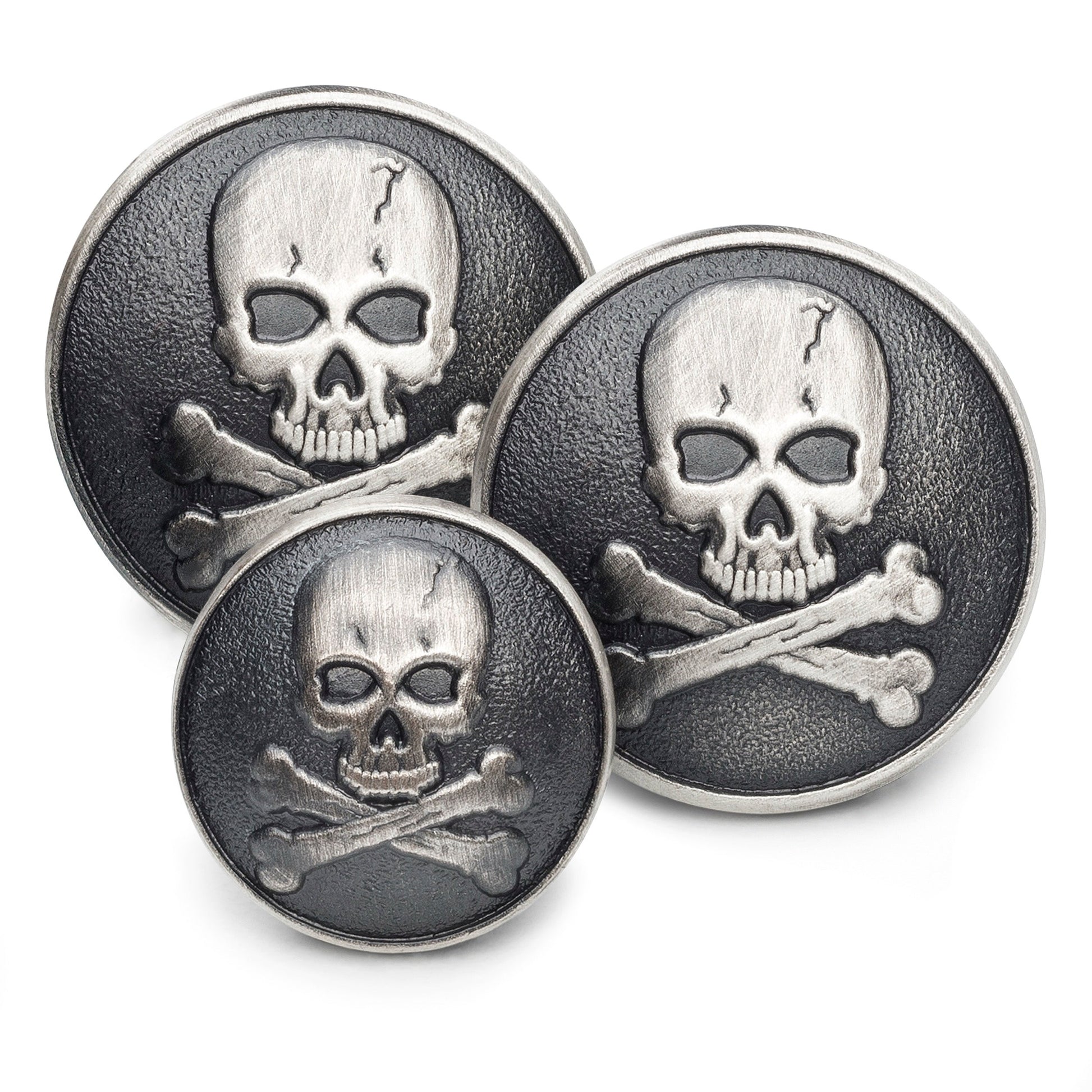 Antique silver skull and crossbones blazer button with detailed engraving by Benson & Clegg.