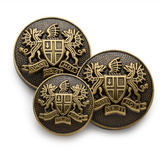 Bronze blazer button with engraved city of London design by Benson & Clegg