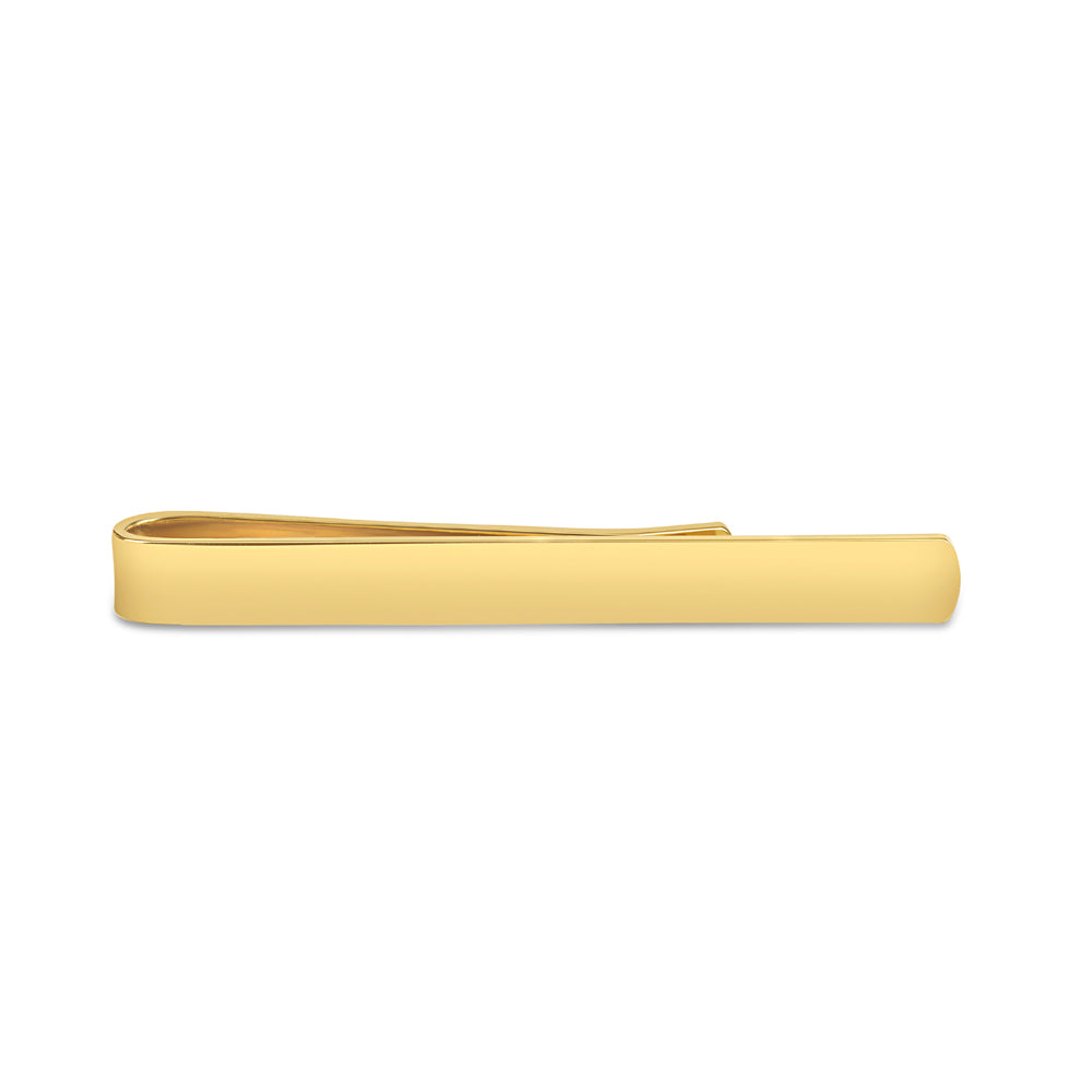 A gold plated tie slide with a polished finish, displayed on a black background, by Benson & Clegg.