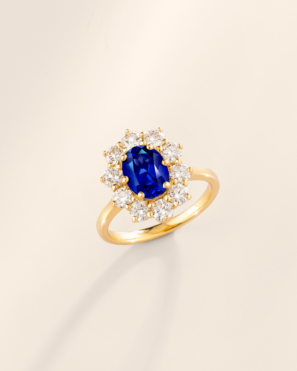 Bague de Fiançailles Halo Saphir Bleu en Vermeil d'Or 18 carats