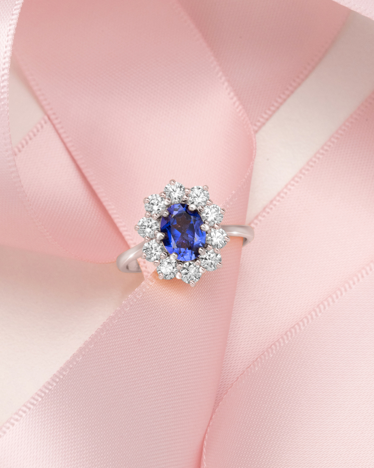 Bague de fiançailles auréole saphir bleu en argent sterling