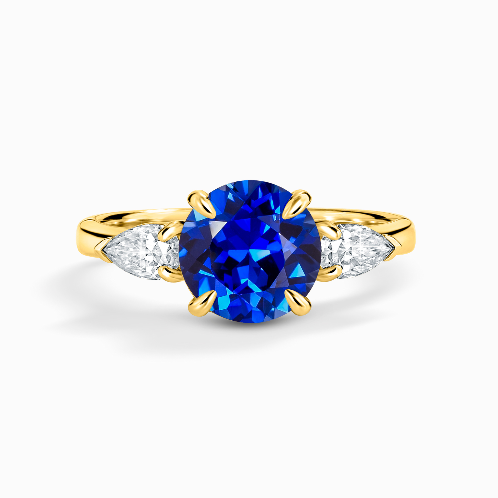 Blue Sapphire Round Cut Three Stone Engagement Ring in 18k Gold Vermeil - SJR London Timepiece