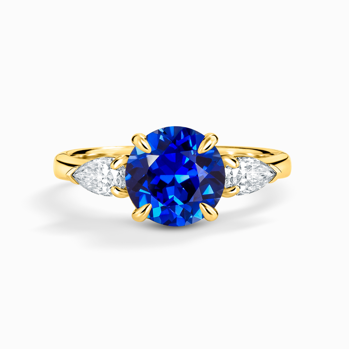 Bague de fiançailles trilogie saphir bleu taille ronde en vermeil d'or 18 carats