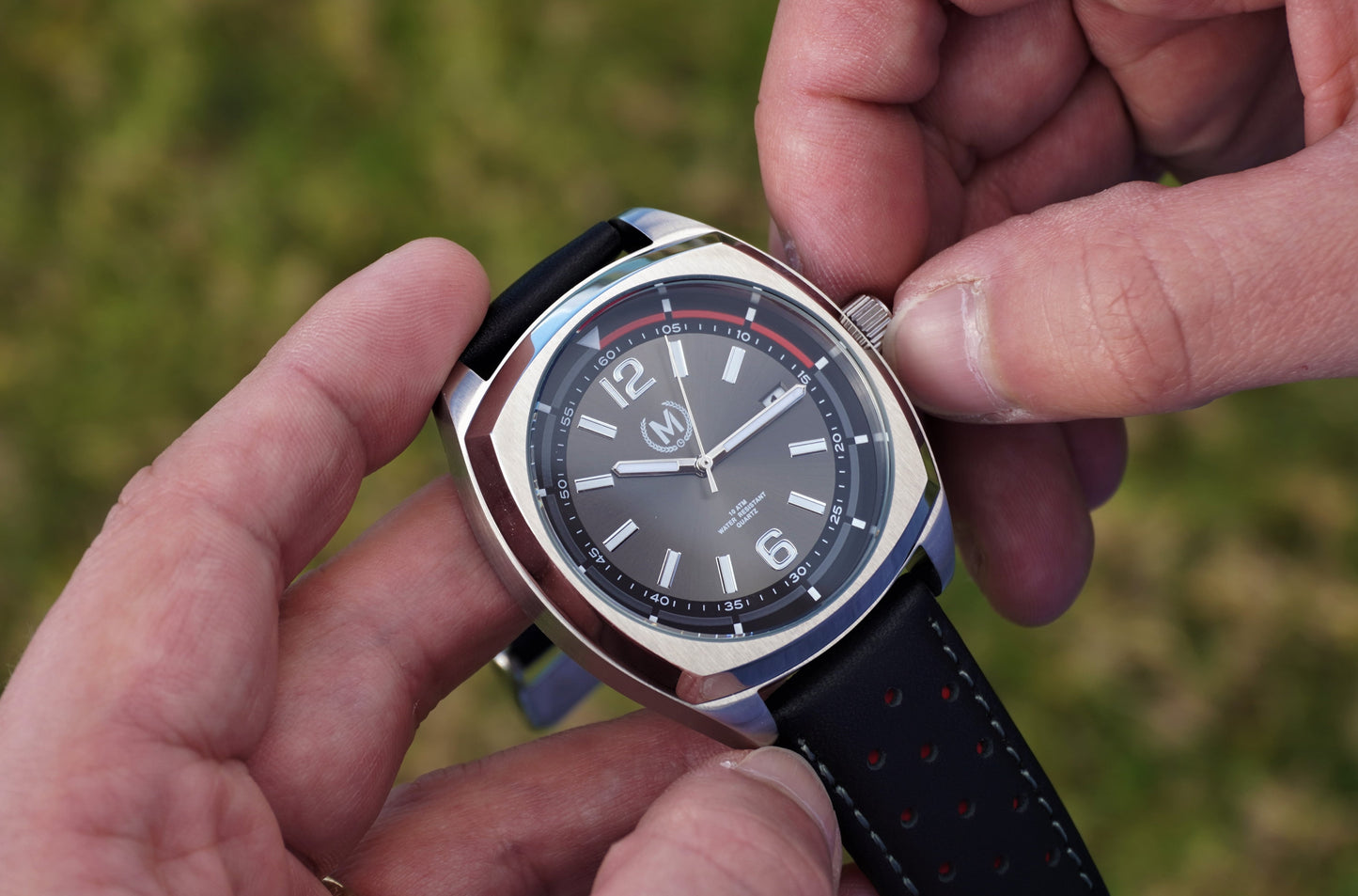 Black And Red Leather Rally Watch Strap, Silver Buckle - SJR London Timepiece