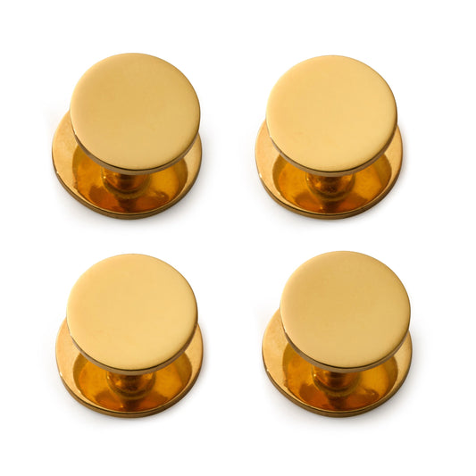 Two gold plated sterling silver dress studs with a delicate design, shown against a white background, by Benson & Clegg.