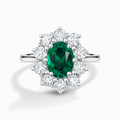 Bague de fiançailles auréole d'émeraudes en argent sterling