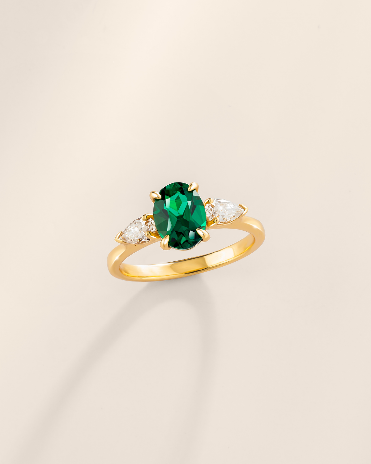 Emerald Oval Cut Three Stone Engagement Ring in 18k Gold Vermeil