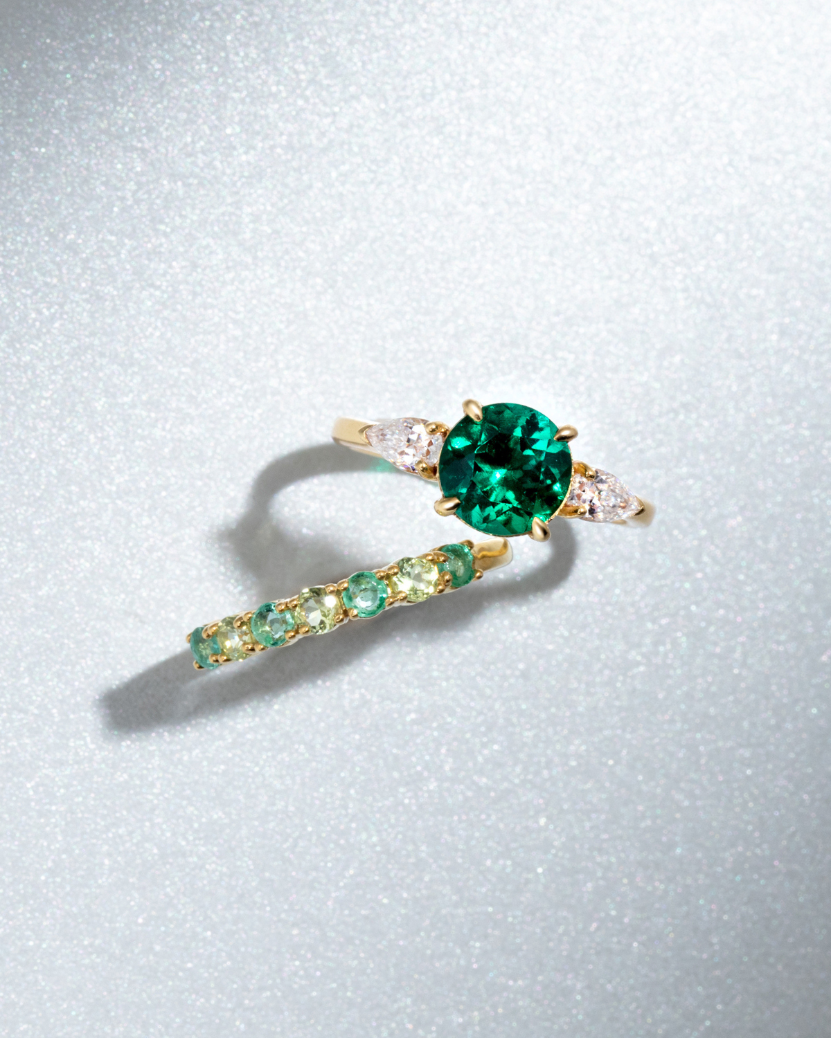 Emerald Round Cut Three Stone Engagement Ring in 18k Gold Vermeil - SJR London Timepiece