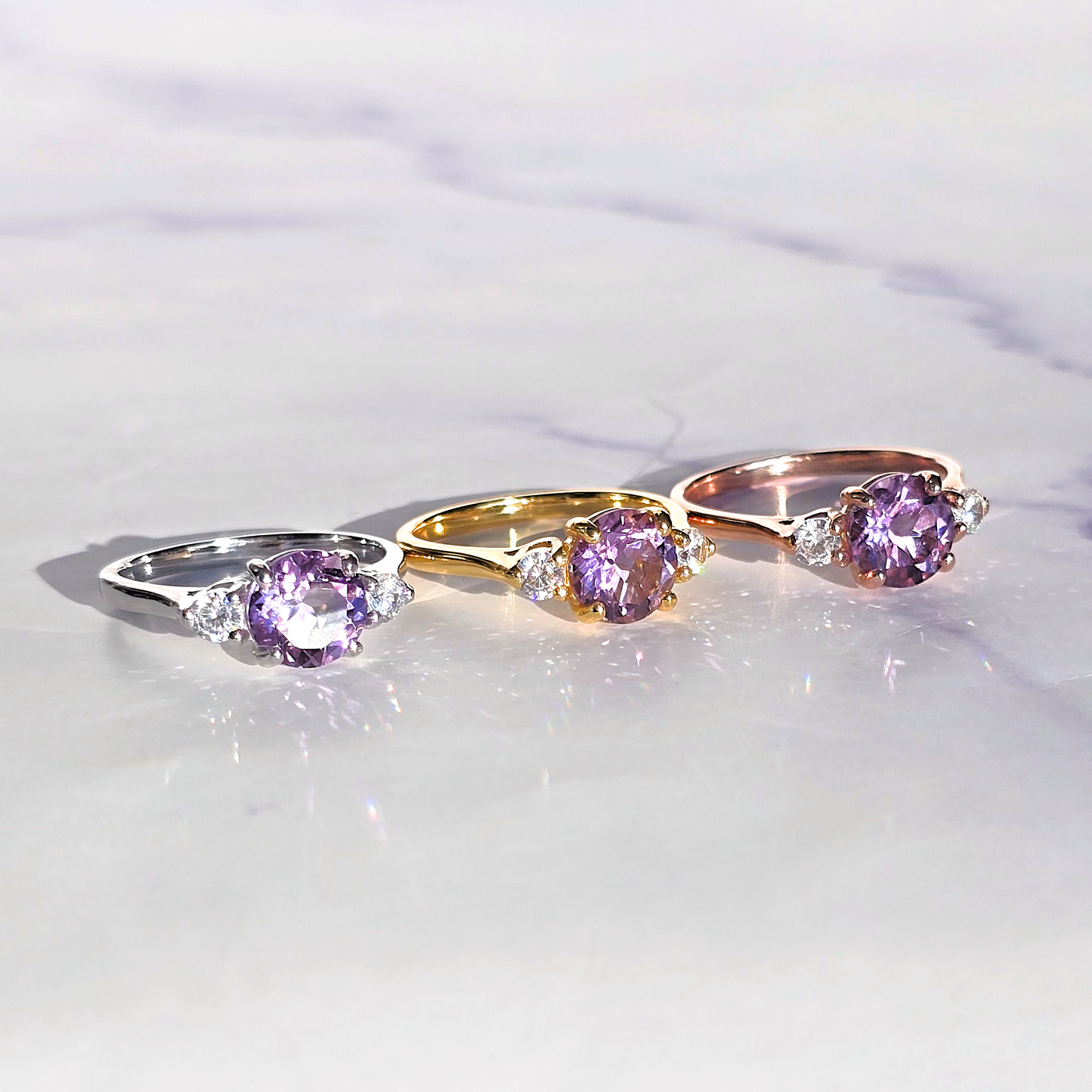 Lavender Amethyst Three Stone Ring in 18k Rose Gold Vermeil - SJR London Timepiece