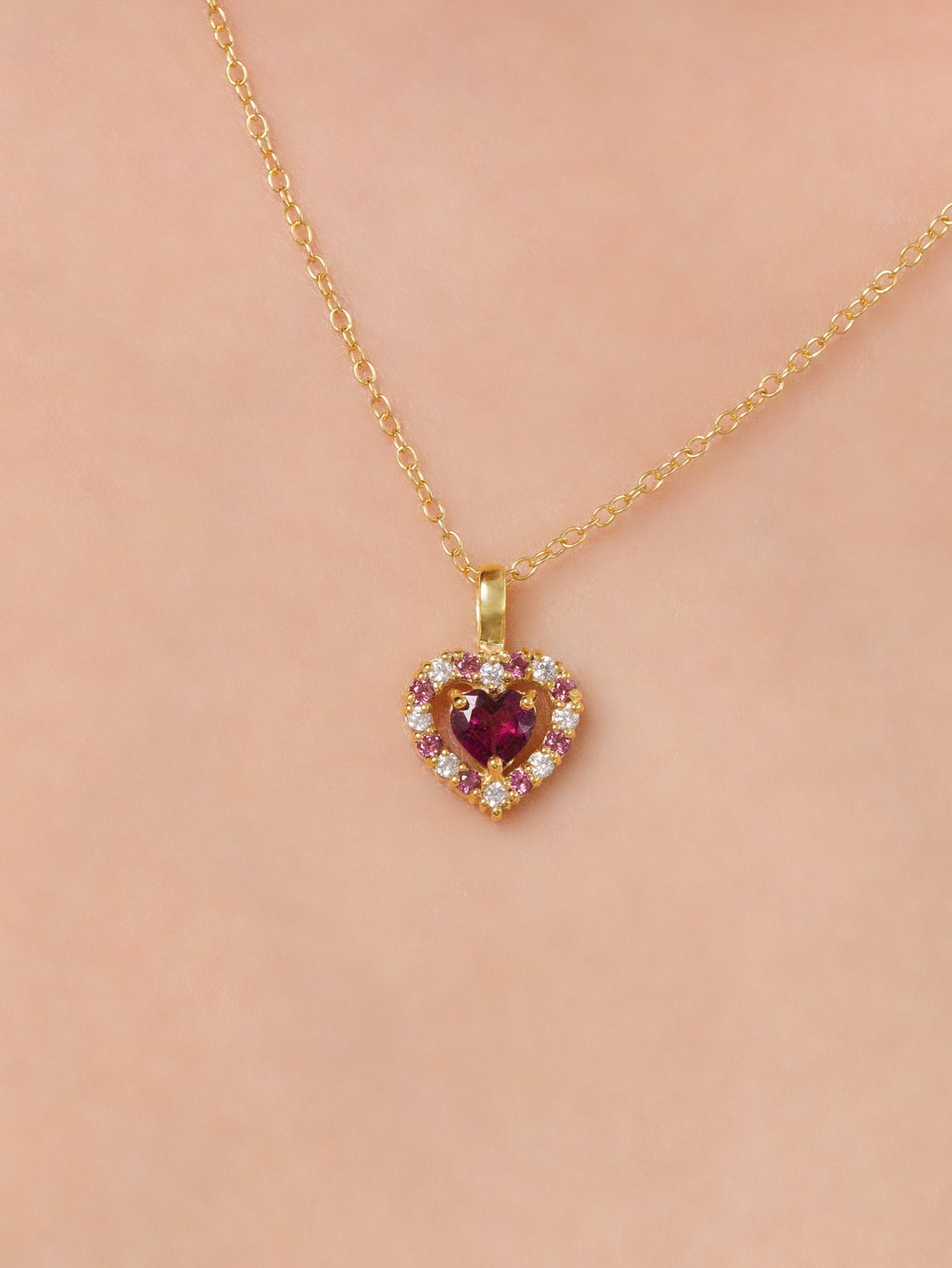 Parure de bijoux Cœur Rouge Grenat Rhodolite en Vermeil Or 18 carats