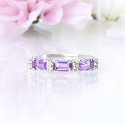 Lavender Amethyst Emerald Cut Eternity Ring in Sterling Silver - SJR London Timepiece