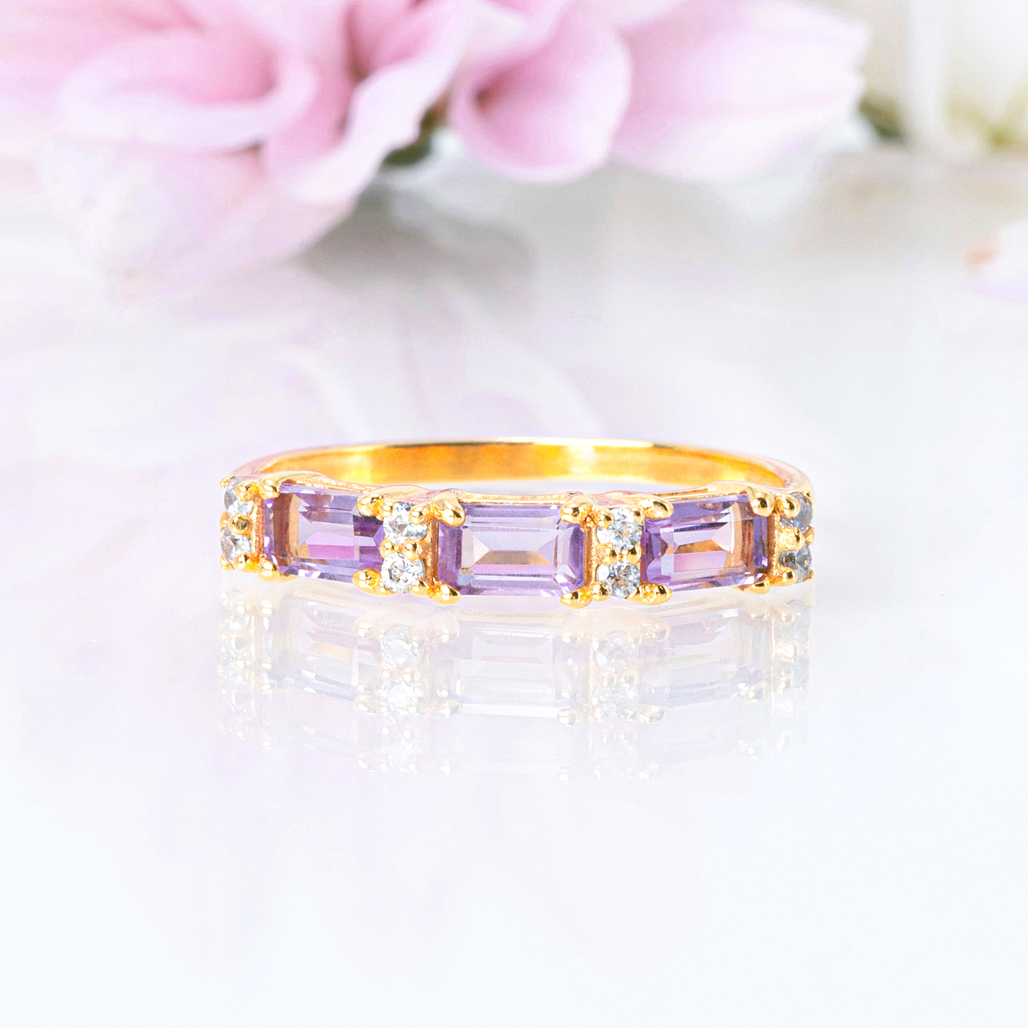 Lavender Amethyst Emerald Cut Eternity Ring in 18k Gold Vermeil - SJR London Timepiece