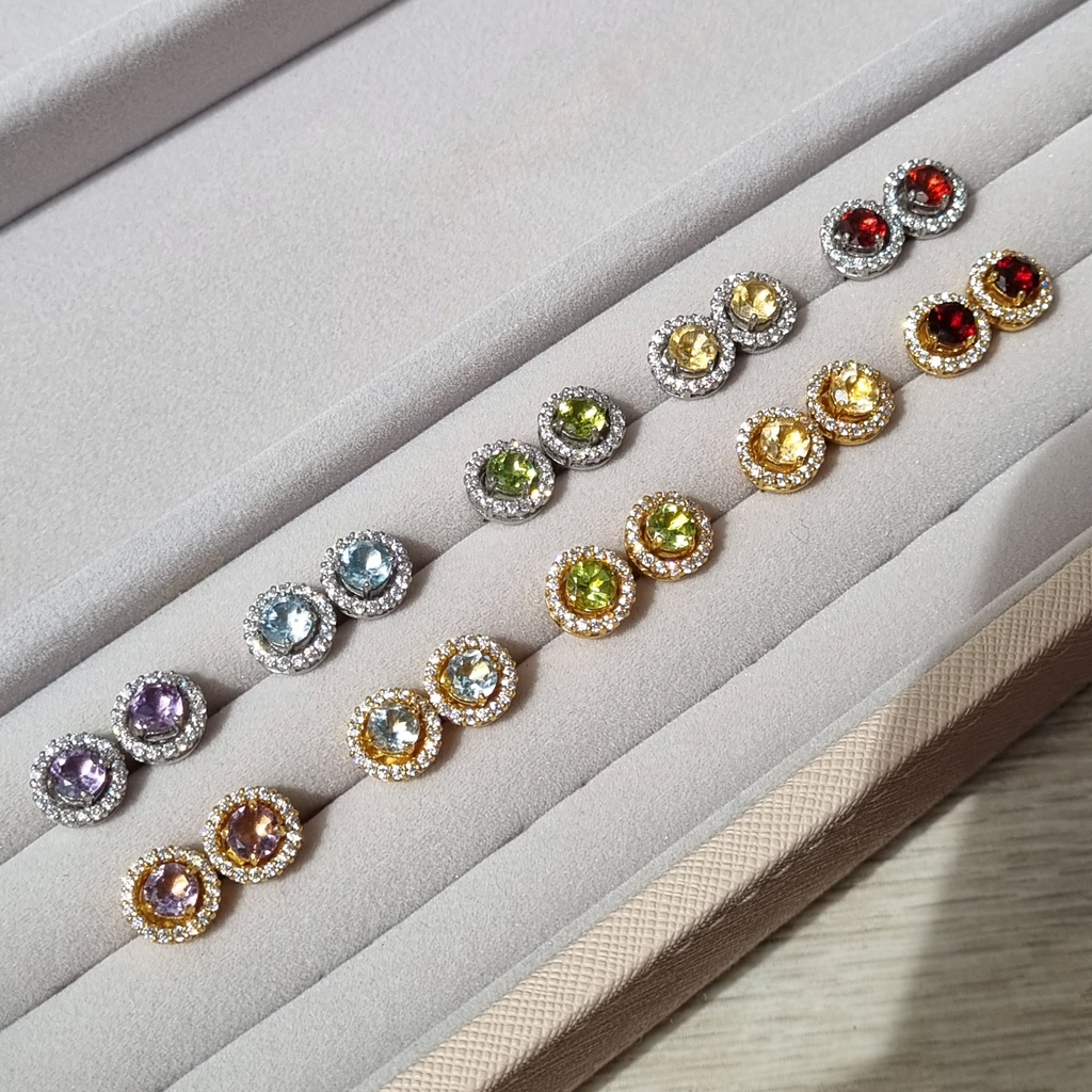 Boucles d'oreilles clous Citrine Halo avec vestes en argent sterling