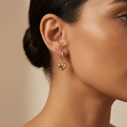 Solid Gold Earrings – Golden Heart Drop Hoop – 14ct Gold