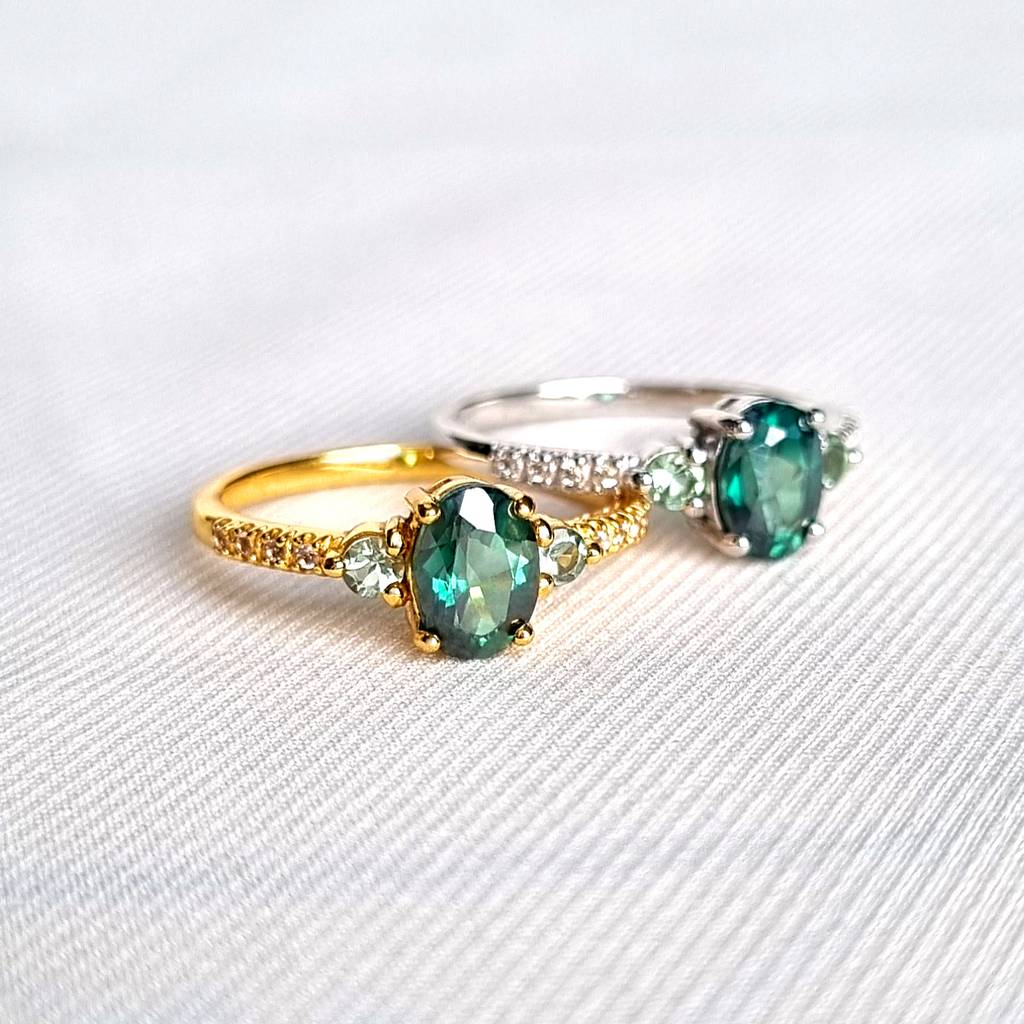 Bague en topaze verte et tourmaline verte en vermeil 18 carats