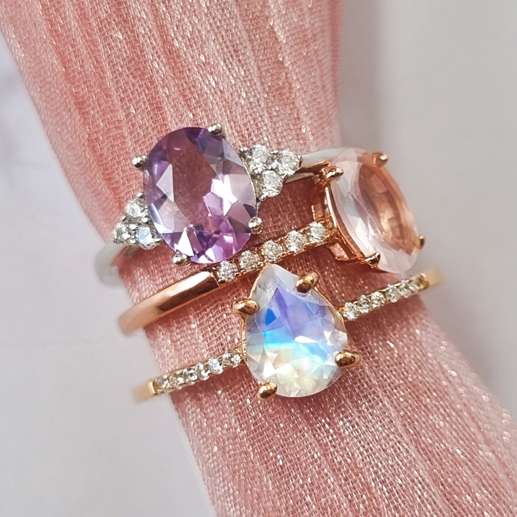 Rainbow Moonstone Ring in Rose Gold Vermeil - SJR London Timepiece