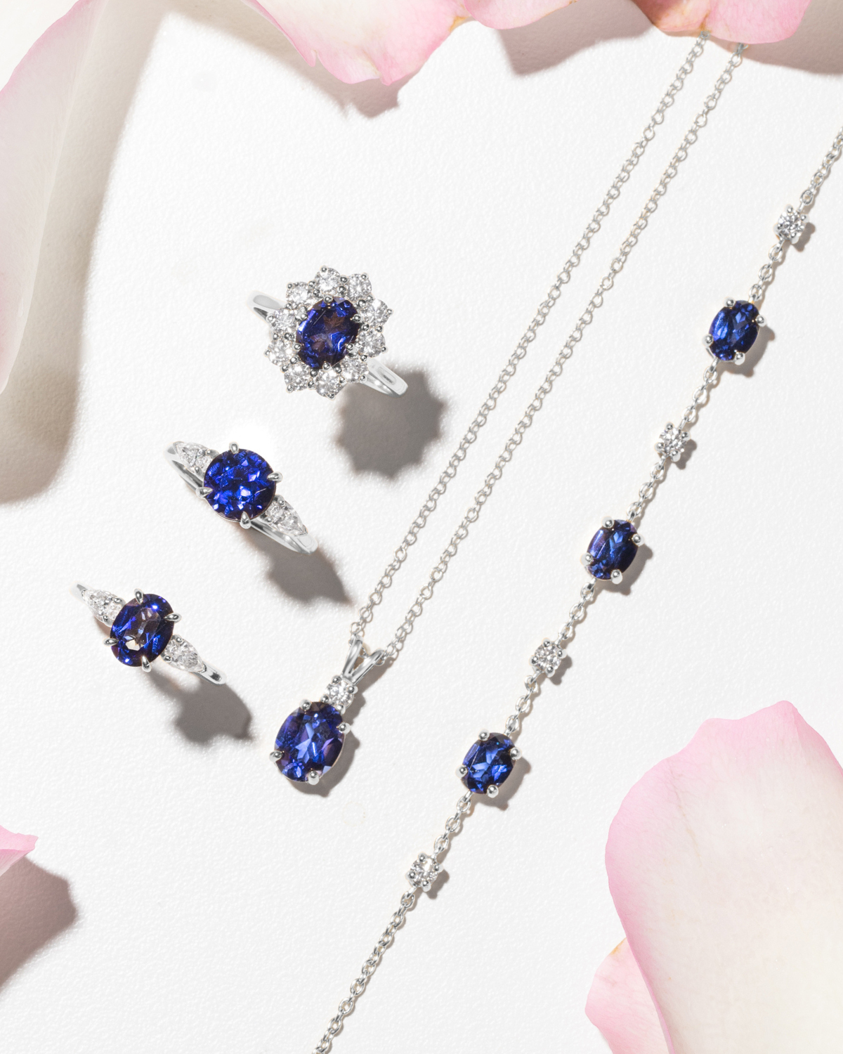Blue Sapphire Halo Engagement Ring in Sterling Silver - SJR London Timepiece