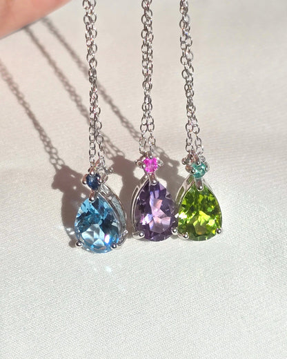 Pink Ruby & Amethyst Pear Cut Pendant Necklace in Sterling Silver - SJR London Timepiece
