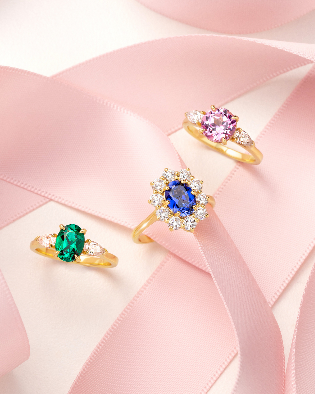 Emerald Oval Cut Three Stone Engagement Ring in 18k Gold Vermeil - SJR London Timepiece