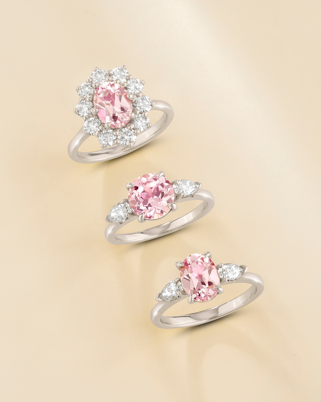 Bague de fiançailles trilogie ovale en saphir rose en argent sterling