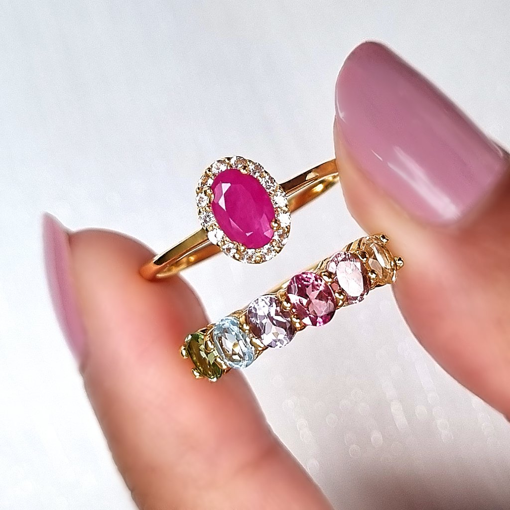 Bague Demi-Éternité Arc-en-ciel en Pierres Précieuses Multicolores en Argent Sterling