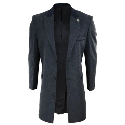 Men's 3/4 Long Overcoat Jacket Herringbone Tweed Coat Peaky Blinders